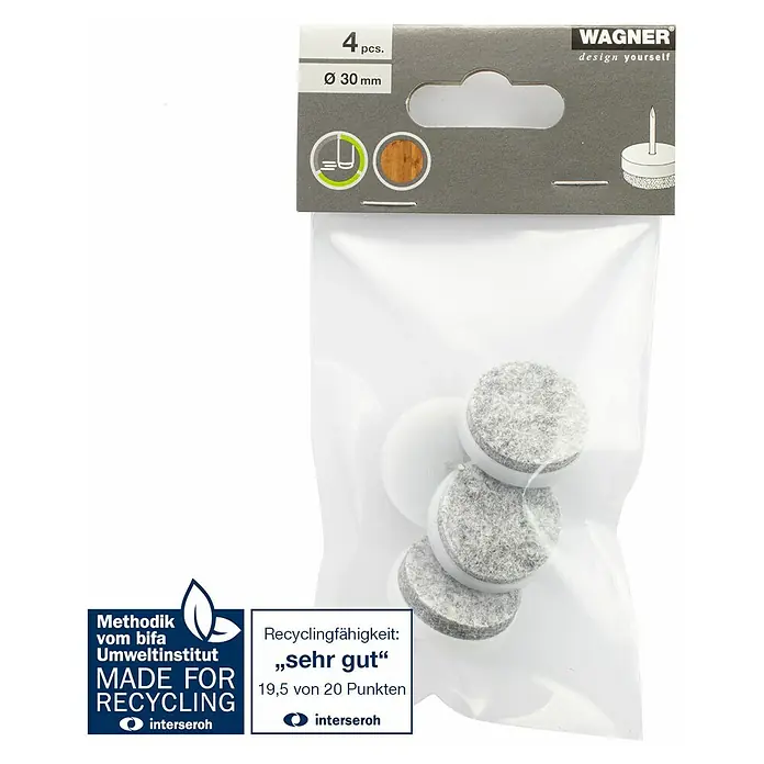 Wagner System Filzgleiter - Durchmesser: 30 mm, Nageln - Bild einer Packung Filzgleiter von Wagner, 4 Stück mit einem Durchmesser von 30 mm, die als recycelbar zertifiziert sind.