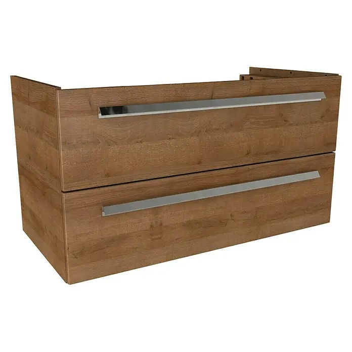 Lanzet K1 Badmöbel-Set K19B1 - 89,2 cm, Berg Eiche - Nahaufnahme eines Waschtischunterschranks mit zwei Schubladen und langen, silberfarbenen Griffen vor schwarzem Hintergrund.