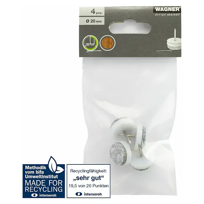 Wagner System Filzgleiter - Durchmesser: 20 mm, Nageln - Bild einer 4er-Packung Wagner-Filzgleiter mit 20 mm Durchmesser, ideal zum Schutz von Böden vor Kratzern und Beschädigungen.