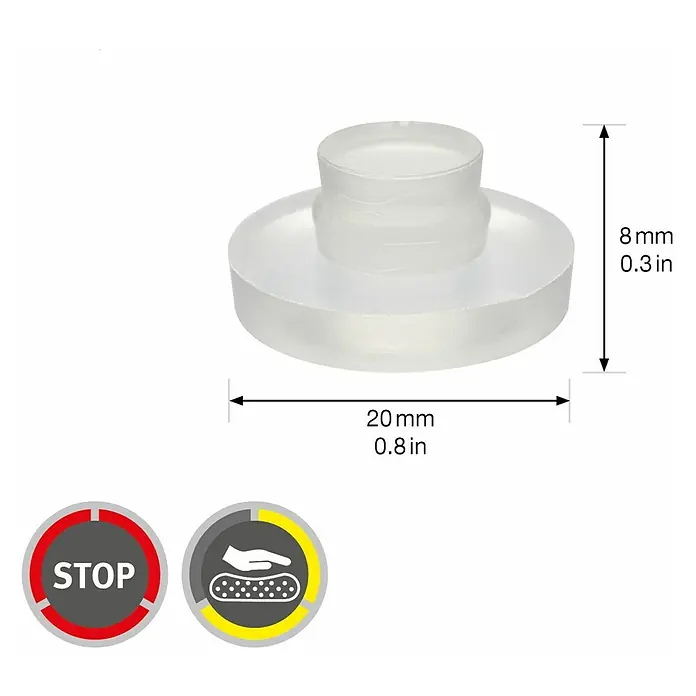 Wagner System Plastik-Gleiter - Ø x H: 20 x 8 mm, 4 Stk., Transparent - Produktbild eines transparenten Türstoppers mit den Maßen 20mm Durchmesser und 8mm Höhe, ideal für den Schutz vor Stoßschäden.