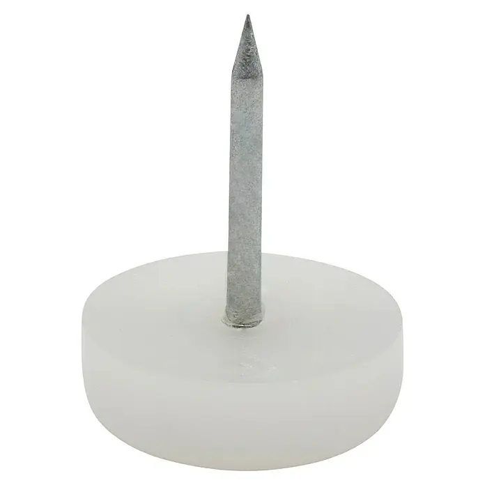Wagner System Möbelgleiter - Kunststoff, Durchmesser: 18 mm, 4 Stk. - Nahaufnahme eines Möbelgleiters mit Nagel, der dazu dient, Möbel vor Kratzern zu schützen und das Bewegen zu erleichtern.