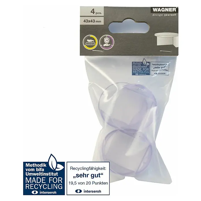 Wagner System Eckenschutz - 43 x 43 mm, Transparent, 4 Stk. - Verpackung mit vier transparenten, runden Möbelgleitern von Wagner, Größe 43x43 mm, für den Schutz von Böden und Möbeln.