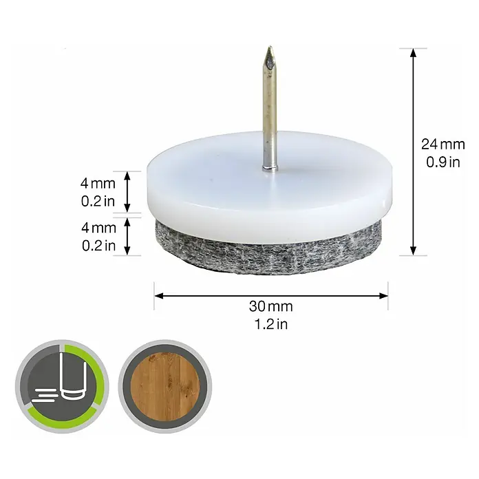 Wagner System Filzgleiter - Durchmesser: 30 mm, Nageln - Detailaufnahme eines Möbelgleiters mit Nagel und Filzgleitfläche, Maße sind angegeben.