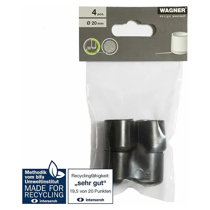 Wagner System Rohrkappen - Durchmesser: 20 mm, 4 Stk., Schwarz - Produktfoto von Wagner Möbelgleiter, 4 Stück, Ø 20 mm, in einer transparenten Verpackung mit Recycling-Zertifikat.