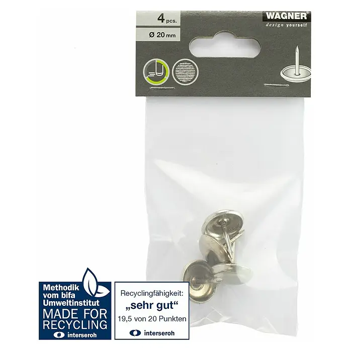 Wagner System Möbelgleiter - Messing, Durchmesser: 20 mm, 4 Stk. - Bild einer Packung mit vier silberfarbenen Reißnägeln von Wagner, ideal zum Gestalten und Fixieren von Objekten.