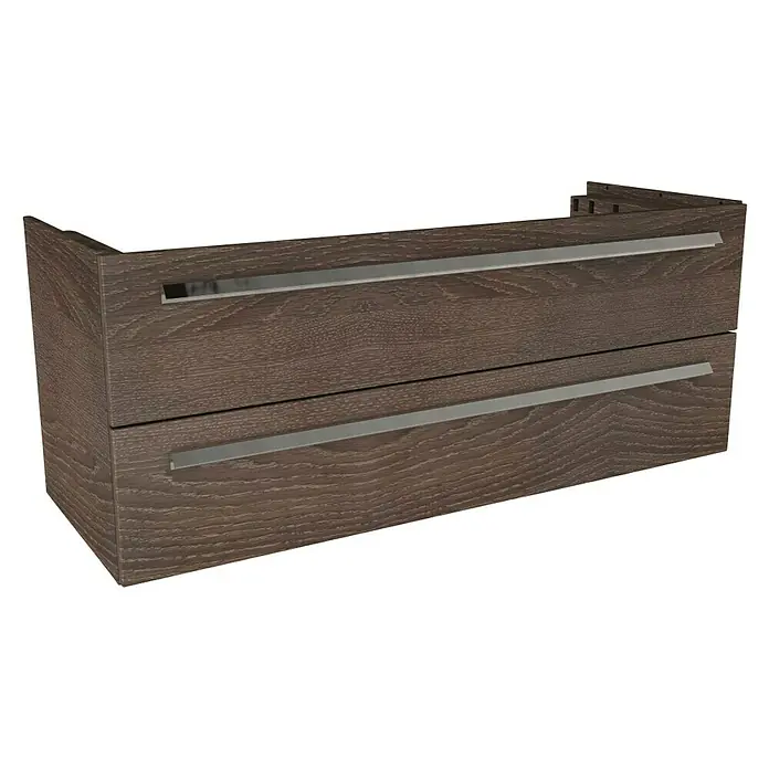 Lanzet K1 Badmöbel-Set K11E1 - 119,2 cm, Eiche Maron - Frontansicht eines modernen Waschtischunterschranks mit zwei Schubladen und horizontalen Griffen in Holzoptik.