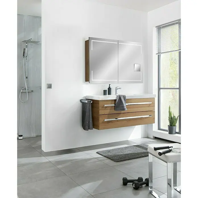Lanzet K1 Waschtischunterschrank - 119,2 x 44,3 x 48,3 cm, Berg Eiche - Elegantes Badezimmer mit modernem Waschtischunterschrank und Spiegelschrank, ideal für stilvolle Badgestaltung und praktische Aufbewahrung.
