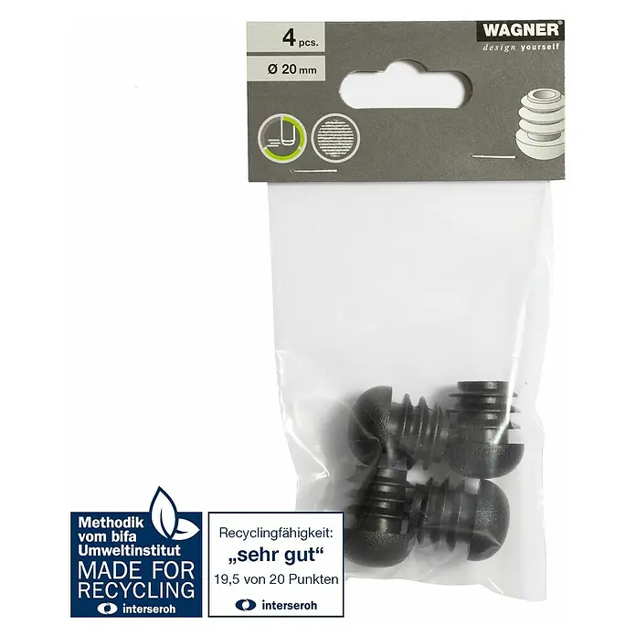 Wagner System Möbelgleiter - Durchmesser: 20 mm, 4 Stk., Kunststoff - Eine Packung Wagner Design Stuhlbeinkappen, 4 Stück, Durchmesser 20 mm, aus recyceltem Material.
