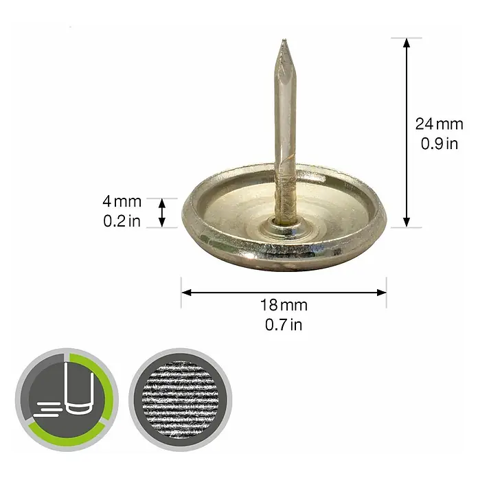 Wagner System Möbelgleiter - Messing, Durchmesser: 18 mm, 4 Stk. - Produktbild: Silberfarbener Polsternagel mit den Maßen 24 mm Höhe und 18 mm Durchmesser.