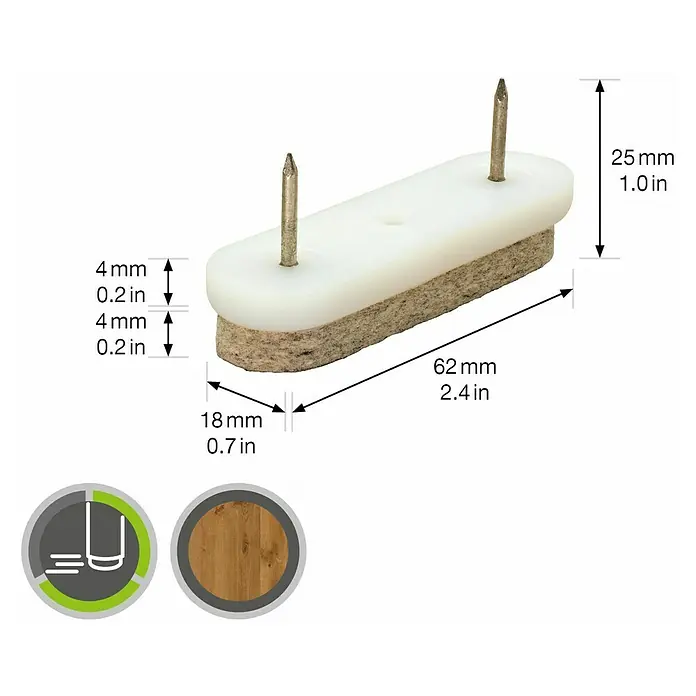 Wagner System Filzgleiter - 18 x 62 mm, Nageln, 4 Stk. - Abmessungen eines Möbelgleiters mit Filz und Nagel zur einfachen Montage unter Stühlen und Möbeln.