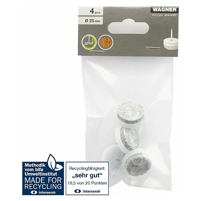 Wagner System Filzgleiter - Durchmesser: 25 mm, Nageln - Bild einer Packung Wagner Design Yourself Filzgleiter mit einem Durchmesser von 25 mm, die für Möbel verwendet werden.