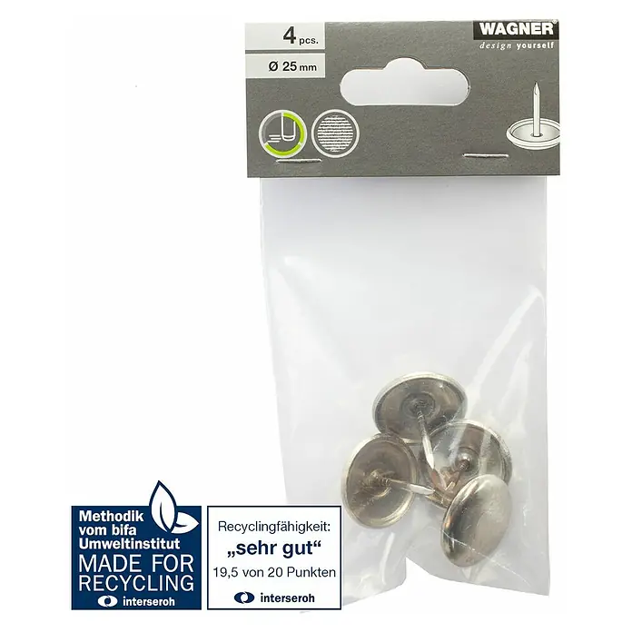 Wagner System Möbelgleiter - Messing, Durchmesser: 25 mm, 4 Stk. - Bild einer Packung mit vier silbernen Wagner-Design-Reißnägeln mit einem Durchmesser von 25 mm zum einfachen Anbringen von Stoffen.
