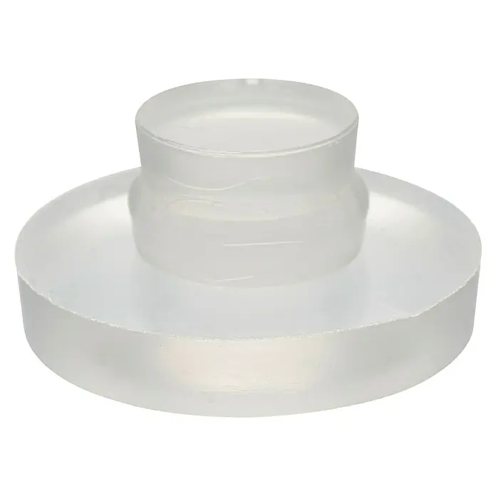 Wagner System Plastik-Gleiter - Ø x H: 20 x 8 mm, 4 Stk., Transparent - Eine Nahaufnahme eines transparenten, stufenförmigen Objekts aus klarem Kunststoff, möglicherweise ein Knopf oder ein Zierstück.