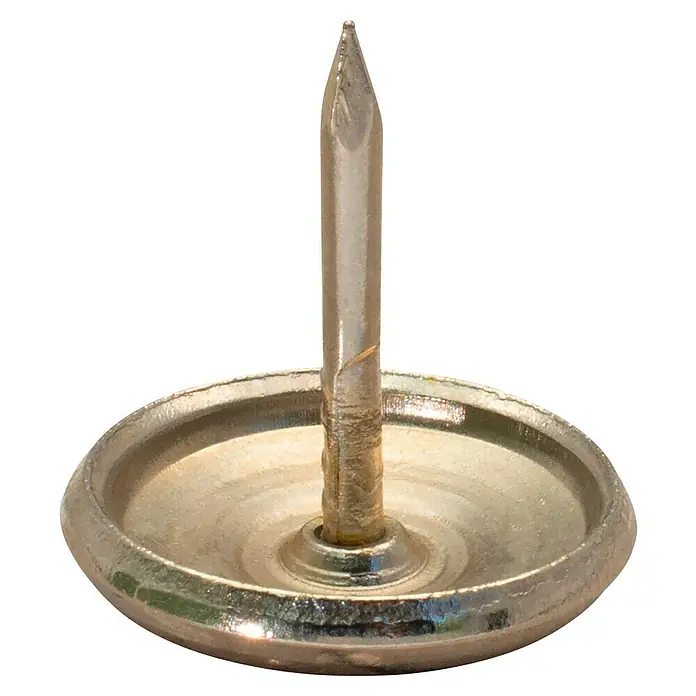 Wagner System Möbelgleiter - Messing, Durchmesser: 18 mm, 4 Stk. - Nahaufnahme einer Reißzwecke mit einem runden, flachen Kopf und einem scharfen, spitzen Stift.
