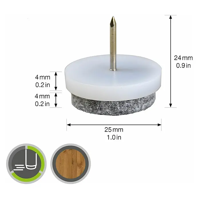 Wagner System Filzgleiter - Durchmesser: 25 mm, Nageln - Nagelgleiter mit Filzpad und Größenangaben. Schützt Böden vor Kratzern und Beschädigungen durch Möbel.