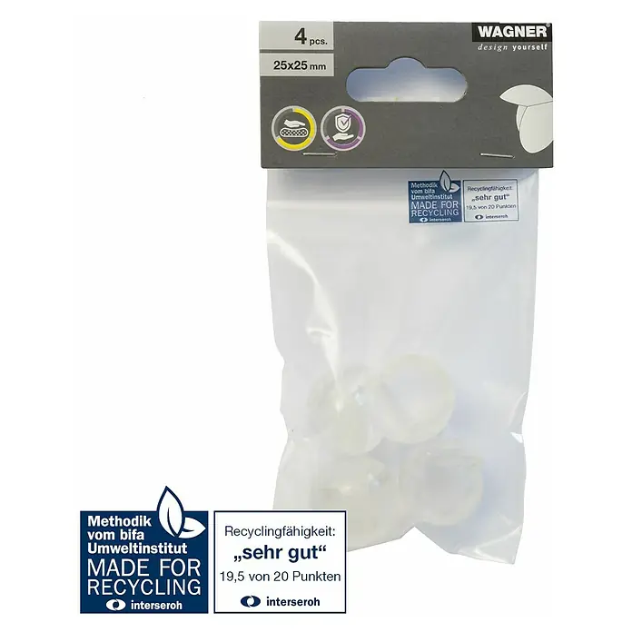 Wagner System Eckenschutz - 25 x 25 mm, Transparent, 4 Stk. - Eine Packung Wagner Möbelgleiter, 4 Stück, 25x25 mm, für den Schutz von Möbeln und Böden, recyclebar.
