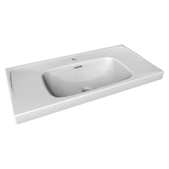 Lanzet K1 Badmöbel-Set K19B1 - 89,2 cm, Berg Eiche - Nahaufnahme eines weißen, rechteckigen Waschtischs mit integriertem Becken und Hahnloch, ideal für moderne Badezimmerdesigns.
