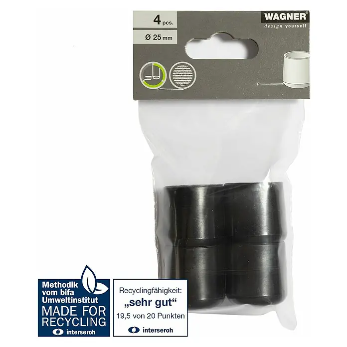 Wagner System Rohrkappen - Durchmesser: 25 mm, 4 Stk., Schwarz - Eine Packung mit vier Wagner Möbelgleitern mit einem Durchmesser von 25 mm, ideal für den Schutz von Böden und Möbeln.
