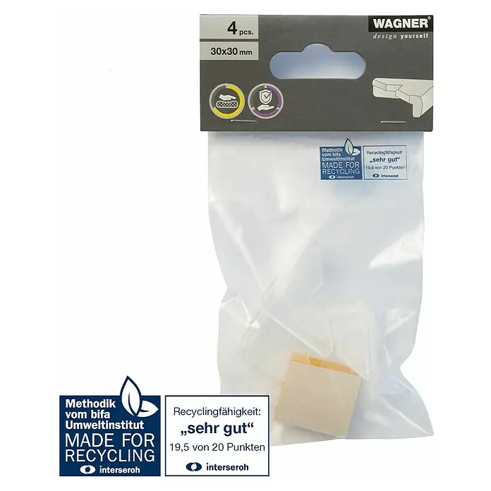 Wagner System Eckenschutz - 30 x 30 x 9 mm, Kunststoff, Transparent - Bild einer Packung Wagner Möbelgleiter, 4 Stück, 30x30mm, mit Hinweisen zur Recyclingfähigkeit.