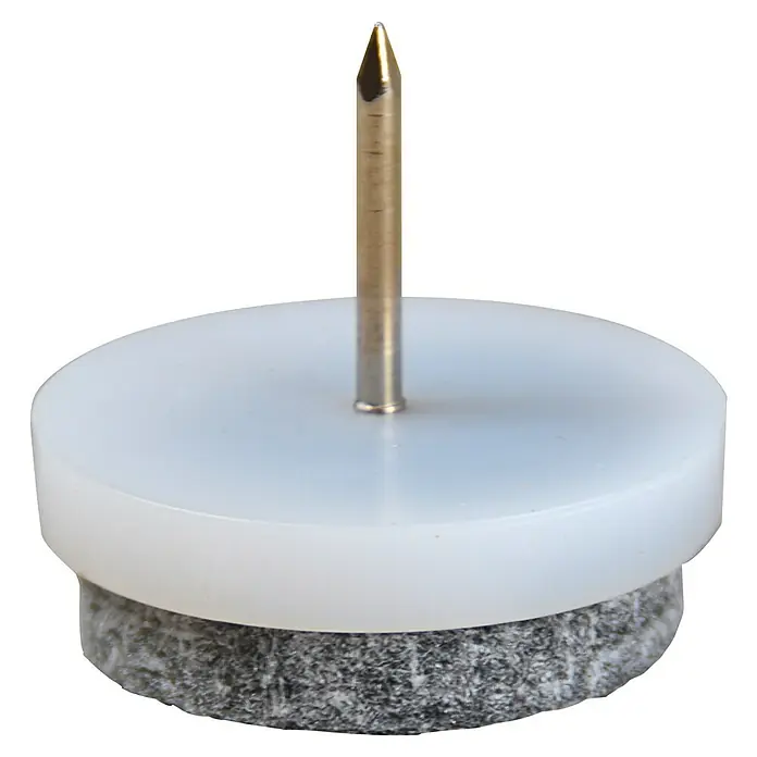 Wagner System Filzgleiter - Durchmesser: 25 mm, Nageln - Nahaufnahme eines Möbelgleiters mit Filzgleitfläche, Kunststoffbasis und Metallstift auf schwarzem Hintergrund.