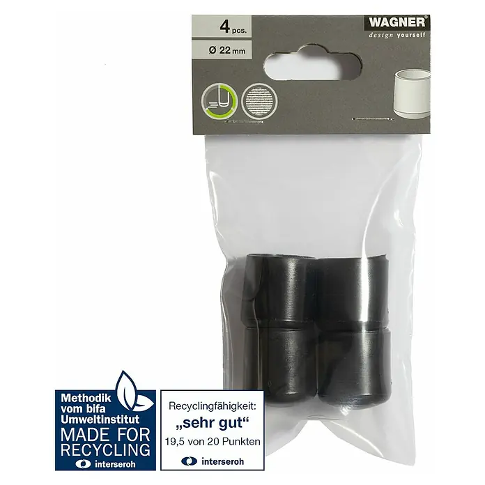 Wagner System Rohrkappen - Durchmesser: 22 mm, 4 Stk., Schwarz - Bild einer Packung Wagner Stuhlbeinkappen mit 22mm Durchmesser, 4 Stück, recyclingfähig und umweltfreundlich.