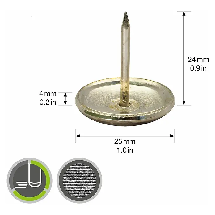 Wagner System Möbelgleiter - Messing, Durchmesser: 25 mm, 4 Stk. - Bild einer Möbelschutzkappe aus Metall mit den Maßen 25 mm Durchmesser, 4 mm Höhe und einer Stiftlänge von 24 mm.