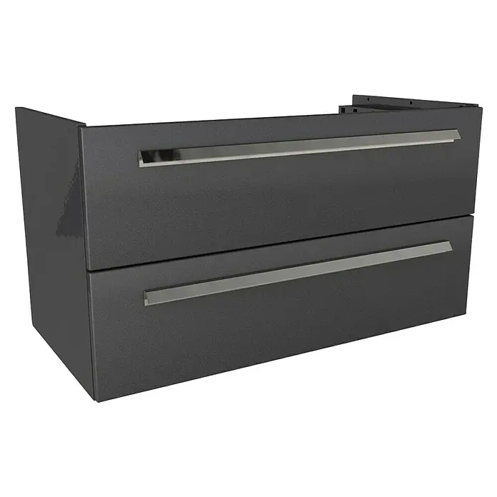 Lanzet K1 Badmöbel-Set K19G2 - 89,2 cm, Grafit - Dunkelgrauer Waschtischunterschrank mit zwei Schubladen und silberfarbenen Griffen. Der moderne Unterschrank bietet Stauraum im Badezimmer.