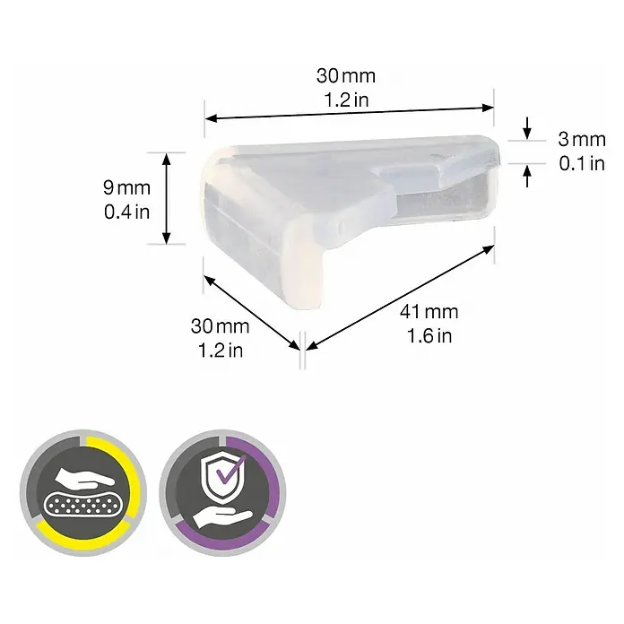 Wagner System Eckenschutz - 30 x 30 mm, Transparent, 4 Stk. - Nahaufnahme einer transparenten Eckschutzvorrichtung mit Größenangaben in Millimetern und Zoll.