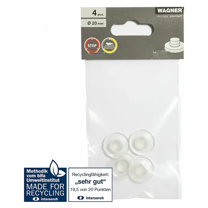 Wagner System Plastik-Gleiter - Ø x H: 20 x 8 mm, 4 Stk., Transparent - Bild einer Packung Wagner Möbelgleiter mit vier transparenten Gleitern. Diese sind 20 mm im Durchmesser und recyclingfähig.