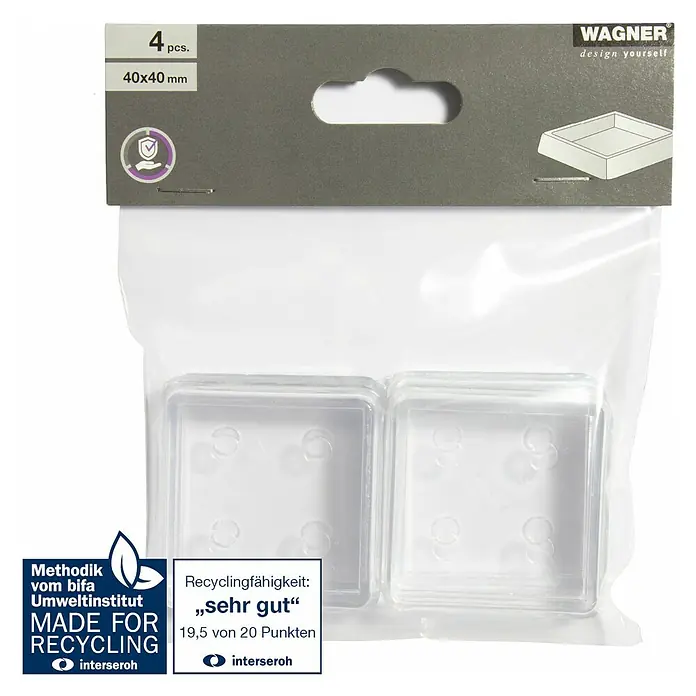 Wagner System Möbeluntersetzer - 40 x 40 mm, 4 Stk., Transparent - Bild einer Verpackung mit vier transparenten Möbelgleitern von Wagner, Größe 40x40 mm, mit Hinweisen zur Recyclingfähigkeit.