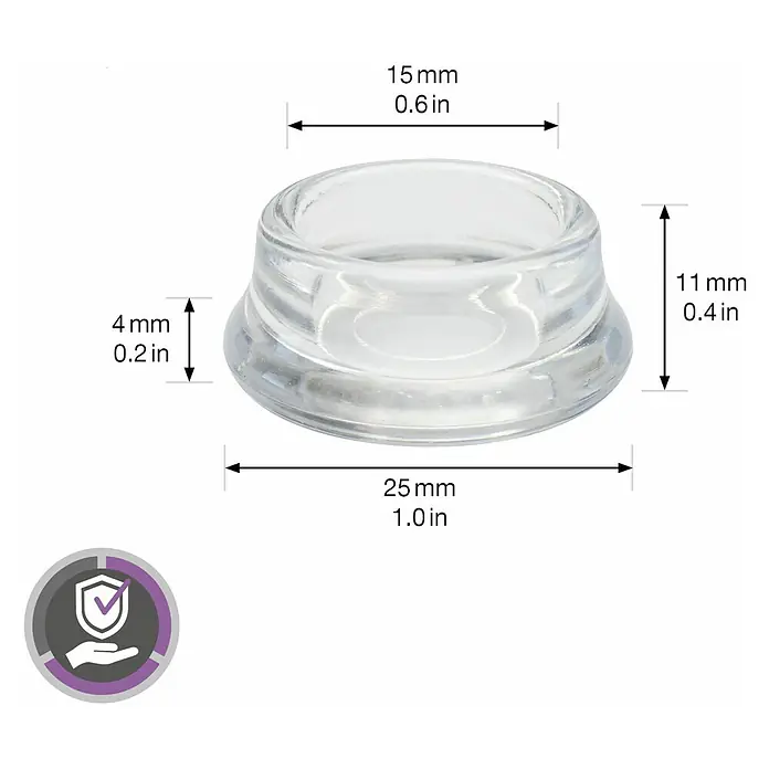 Wagner System Möbeluntersetzer - Durchmesser: 15 mm, 4 Stk., Transparent - Produktansicht eines transparenten Möbelgleiters mit Maßangaben zur einfachen Größenbestimmung.