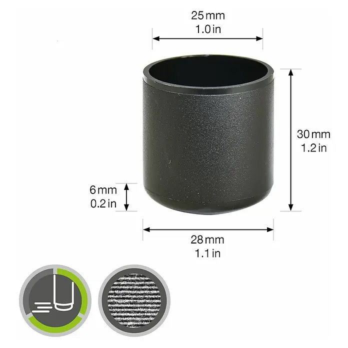 Wagner System Rohrkappen - Durchmesser: 25 mm, 4 Stk., Schwarz - Schwarze Möbelbein-Endkappe mit Größenangaben, ideal zum Schutz von Böden vor Kratzern und Beschädigungen.