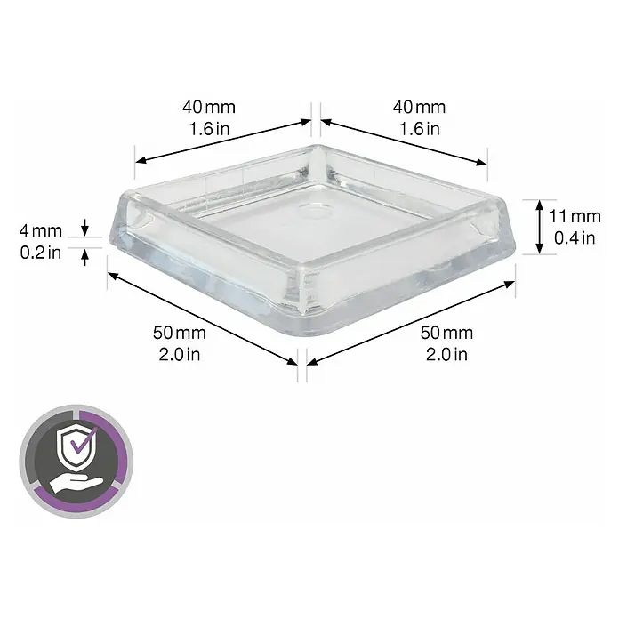 Wagner System Möbeluntersetzer - 40 x 40 mm, 4 Stk., Transparent - Quadratischer Möbelbeinschoner aus transparentem Kunststoff mit Größenangaben.