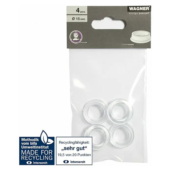 Wagner System Möbeluntersetzer - Durchmesser: 15 mm, 4 Stk., Transparent - Eine Packung mit vier transparenten Wagner-Gleitern mit einem Durchmesser von 15 mm, ideal zum Schutz von Böden und Möbeln.