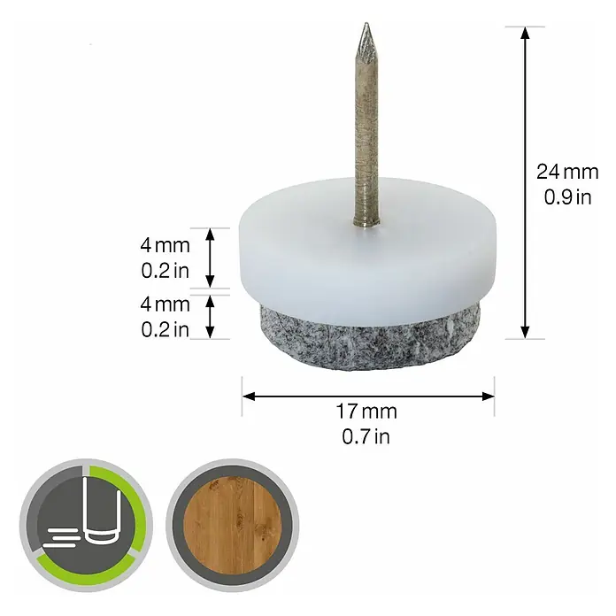 Wagner System Filzgleiter - Durchmesser: 17 mm, Nageln - Nahaufnahme eines weißen Möbelgleiters mit Nagel, Filzgleiter, mit Größenangaben versehen.