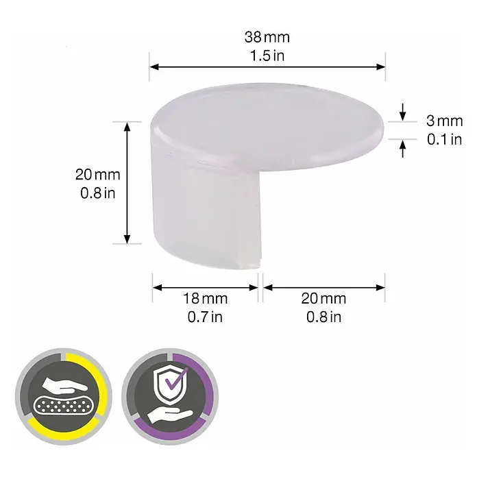 Wagner System Eckenschutz - 43 x 43 mm, Transparent, 4 Stk. - Eine Nahaufnahme eines transparenten Eckenschutzes mit Größenangaben in Millimetern und Zoll.