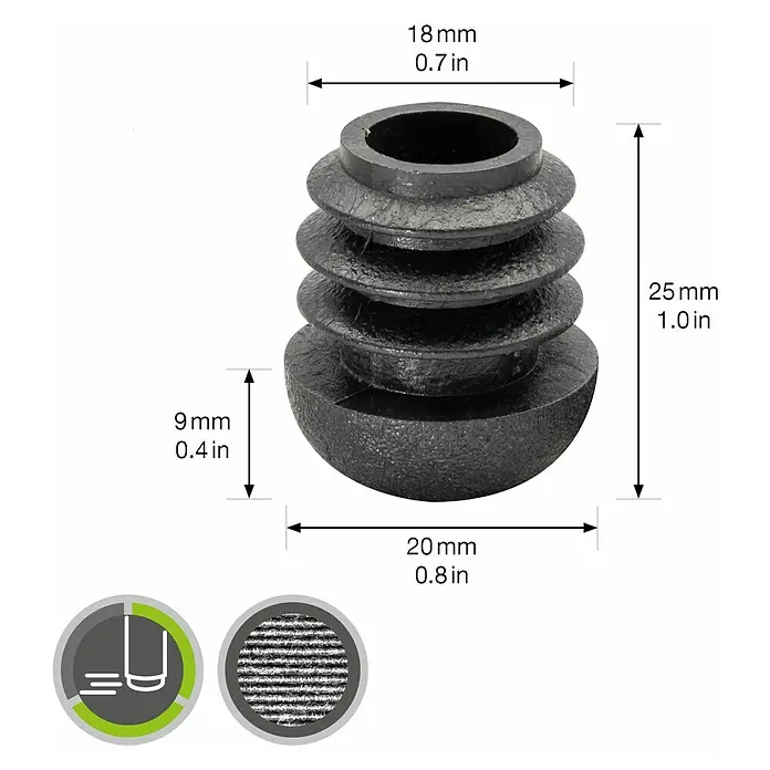 Wagner System Möbelgleiter - Durchmesser: 20 mm, 4 Stk., Kunststoff - Nahaufnahme eines schwarzen, geriffelten Möbelgleiters mit Maßangaben für Höhe und Durchmesser.\n