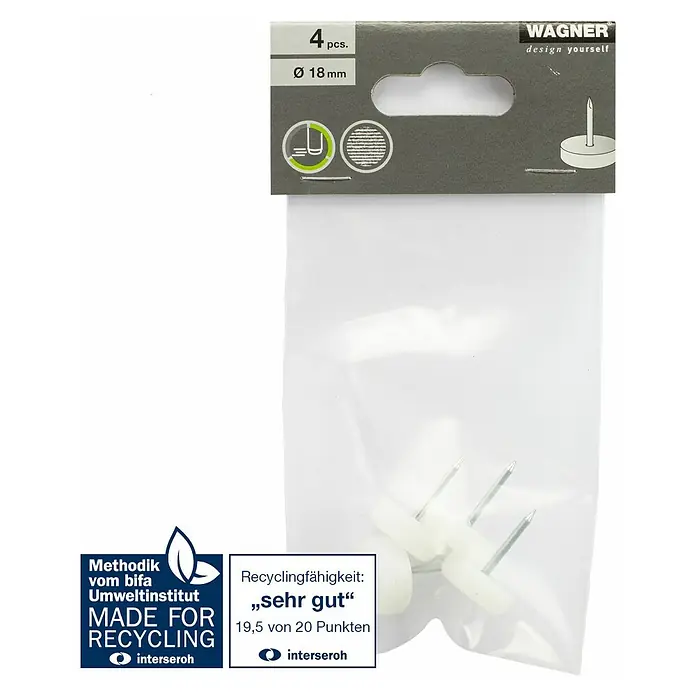Wagner System Möbelgleiter - Kunststoff, Durchmesser: 18 mm, 4 Stk. - Packung mit vier weißen Wagner Möbelgleitern mit einem Durchmesser von 18 mm, ideal zum Schutz von Böden und Möbeln.