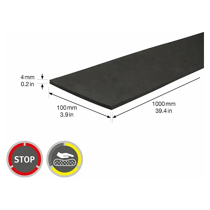 Wagner System Vibrationsdämpfer - 100 x 1.000 mm, Schwarz - Abbildung einer Antirutschmatte mit den Maßen 1000mm x 100mm x 4mm.