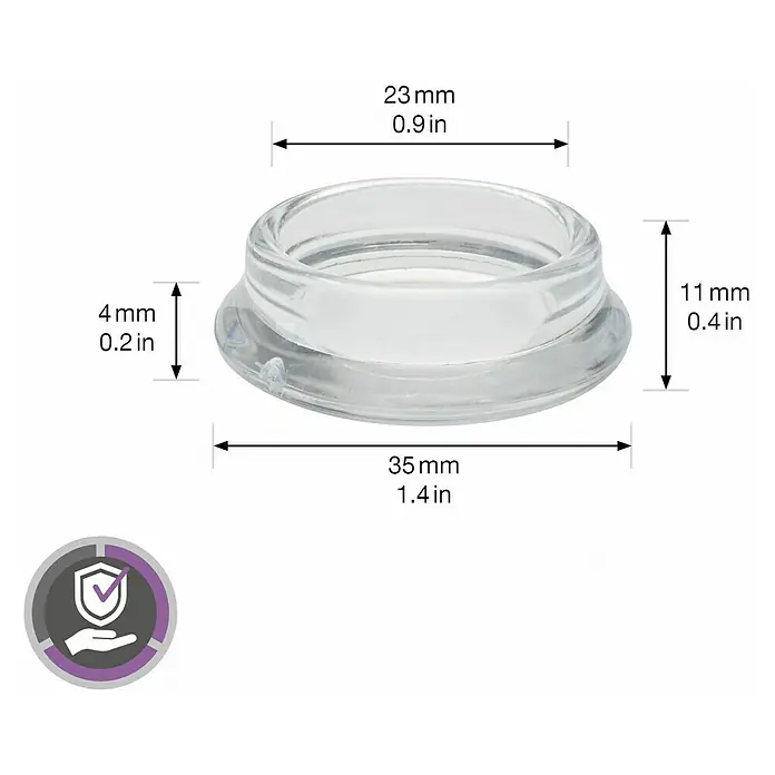 Wagner System Möbeluntersetzer - Durchmesser: 33 mm, 4 Stk., Transparent - Produktansicht eines transparenten Gleiters mit Größenangaben in Millimetern und Zoll.
