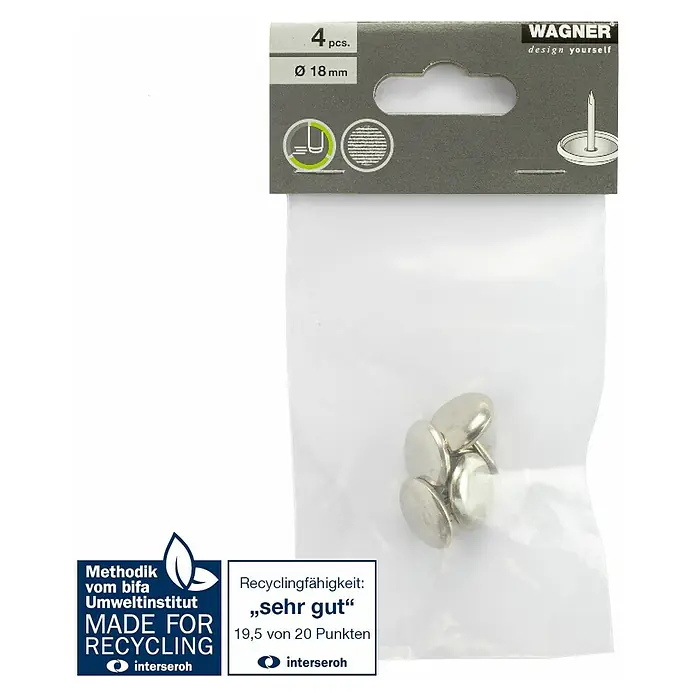 Wagner System Möbelgleiter - Messing, Durchmesser: 18 mm, 4 Stk. - Nahaufnahme einer Packung mit vier silbernen Wagner-Polsternägeln mit einem Durchmesser von 18 mm, die sich in einer transparenten Plastikverpackung befinden.