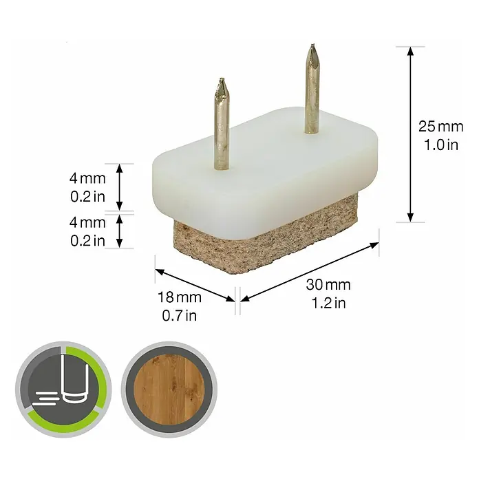 Wagner System Filzgleiter - 18 x 30 mm, Nageln, 4 Stk. - Nahaufnahme eines Möbelfußgleiters mit Nagel und Maßangaben.
