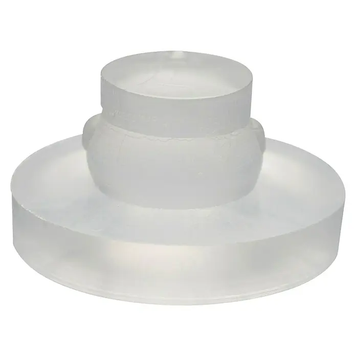 Wagner System Plastik-Gleiter - Ø x H: 16 x 8 mm, 4 Stk., Transparent - Nahaufnahme eines dreistufigen, transparenten Acryl-Displayständers. Ideal zur Produktpräsentation mit modernem Design.