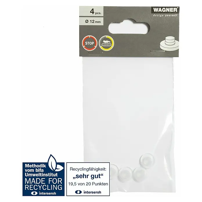 Wagner System Plastik-Gleiter - Ø x H: 12 x 8 mm, 4 Stk., Transparent - Das Bild zeigt eine Packung Wagner Möbelgleiter mit einem Durchmesser von 12 mm, die für die Wiederverwertung ausgezeichnet wurden.