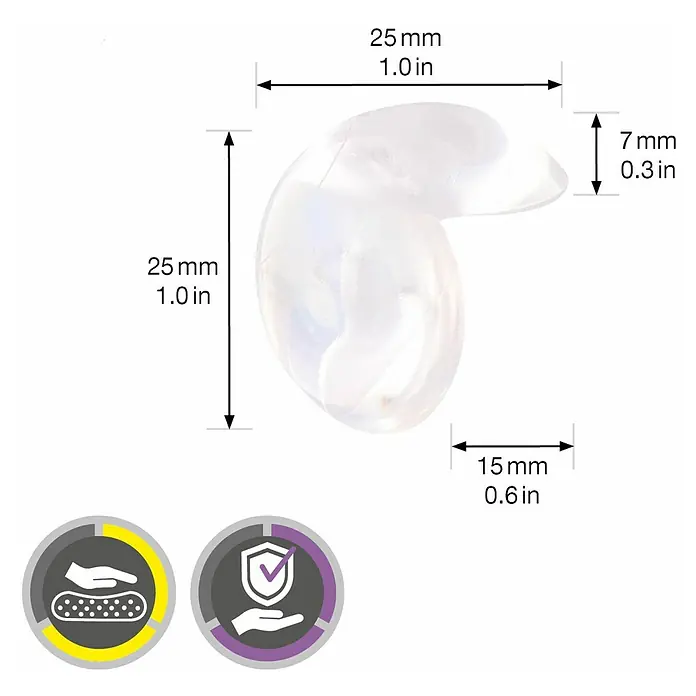 Wagner System Eckenschutz - 25 x 25 mm, Transparent, 4 Stk. - Abmessungen eines transparenten, spiralförmigen Nasenpflasters mit Angaben zu Länge, Breite und Höhe in Millimetern und Zoll.