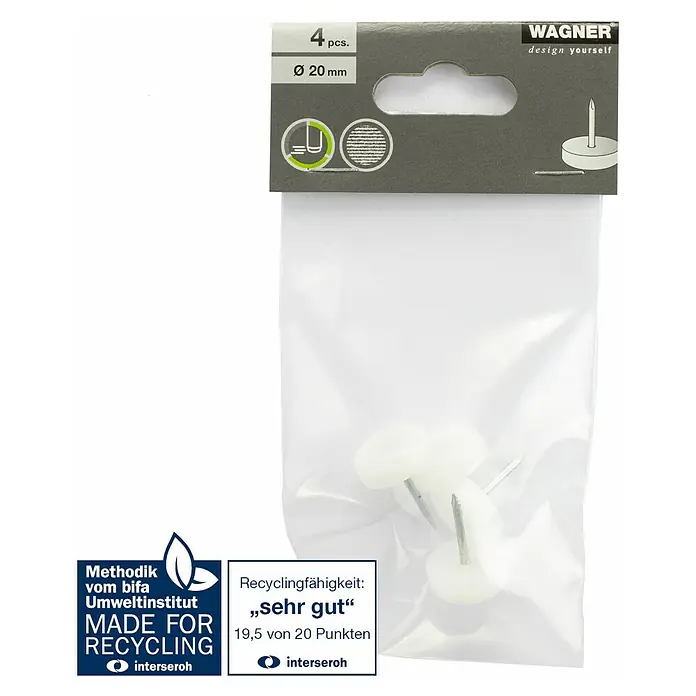 Wagner System Möbelgleiter - Kunststoff, Durchmesser: 20 mm, 4 Stk. - Eine Packung Wagner Design Yourself Möbelgleiter mit 4 Stück, Durchmesser 20 mm, für den Schutz von Böden und Möbeln.