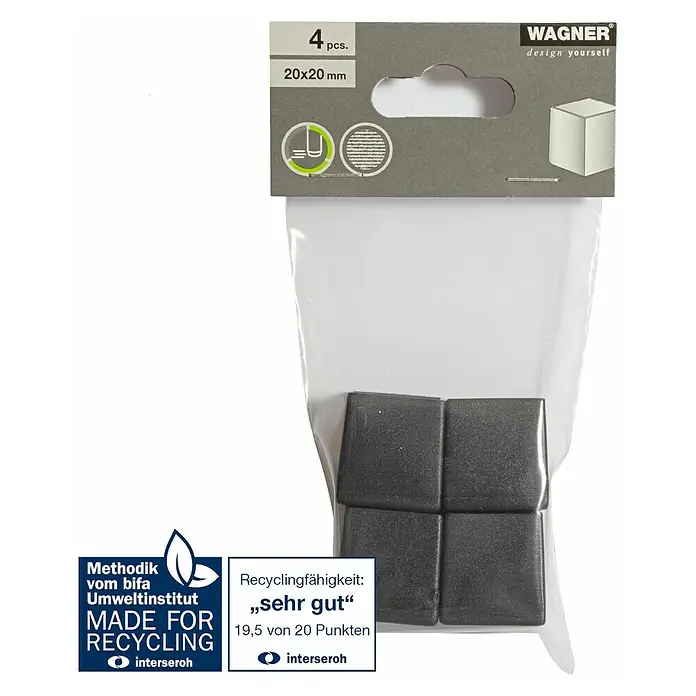 Wagner System Rohrkappen - 20 x 20 mm, 4 Stk., Schwarz - Ein Paket mit vier schwarzen Wagner-Design-Quadraten, 20x20 mm groß, die für Recycling hergestellt wurden.