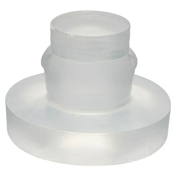 Wagner System Plastik-Gleiter - Ø x H: 12 x 8 mm, 4 Stk., Transparent - Nahaufnahme eines transparenten, stufenförmigen Acrylständers, ideal für die Präsentation von Produkten oder Sammlerstücken mit modernem Design.