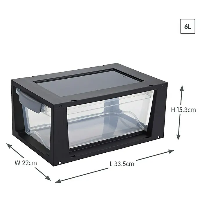 Sunware Schubladenbox Omega - L x B x H: 33,5 x 22 x 15,3 cm, Kunststoff, Schwarz/Transparent - Produktfoto eines schwarzen 6L Aufbewahrungsbehälters mit transparentem Einsatz und Größenangaben.