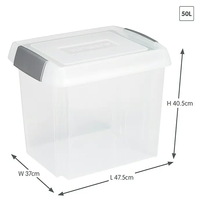 Sunware Aufbewahrungsbox Nesta - L x B x H: 47,5 x 37 x 40,5 cm, Kunststoff, Transparent - Transparente 50L Sunware Aufbewahrungsbox mit grauem Deckel und Maßangaben für Höhe, Breite und Länge.